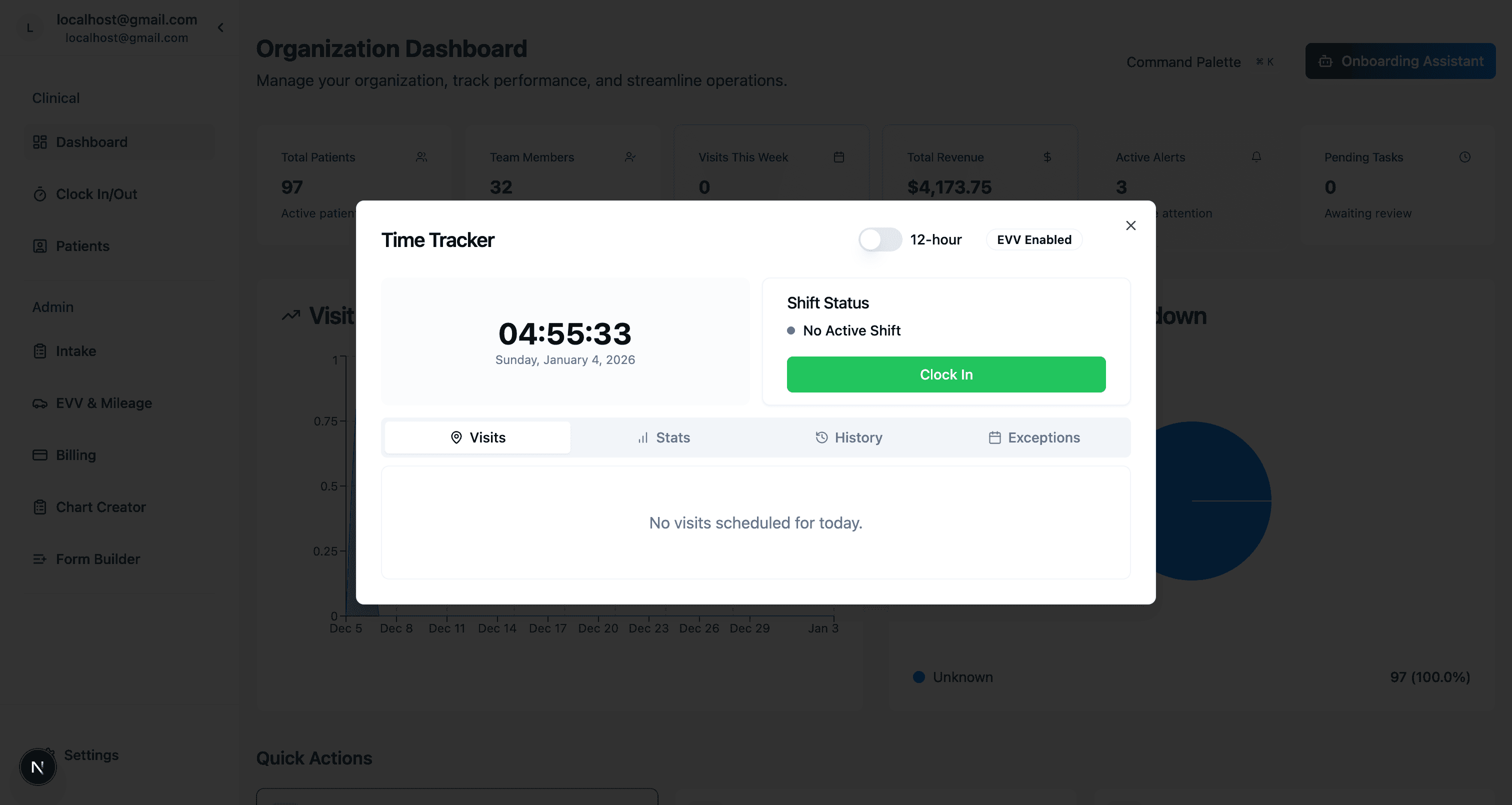 Time Tracker modal showing clock in/out interface with visits tab